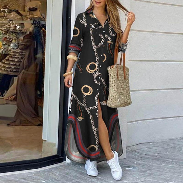 Loose Casual Long Sleeve Printed Maxi Dresses