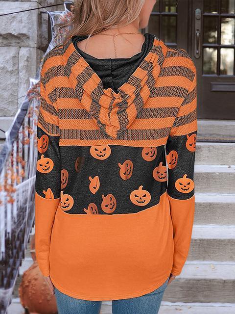 Halloween Pumpkin Stripes Print Drawsrting Hoodie