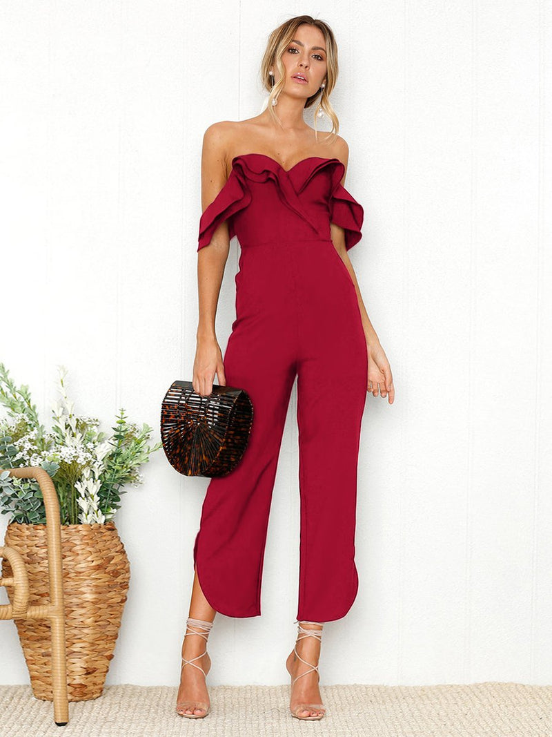 Black Sleeveless Plain Casual Off Shoulder Zip Back Jumpsuit - Landing Closet