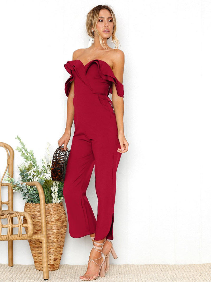 Black Sleeveless Plain Casual Off Shoulder Zip Back Jumpsuit - Landing Closet