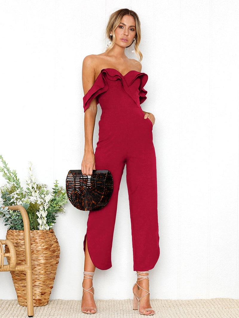 Black Sleeveless Plain Casual Off Shoulder Zip Back Jumpsuit - Landing Closet