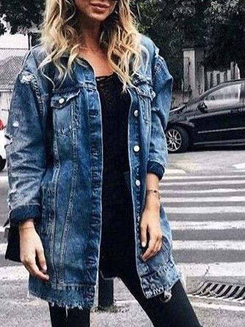 Ripped Boyfriend Long Denim Jacket