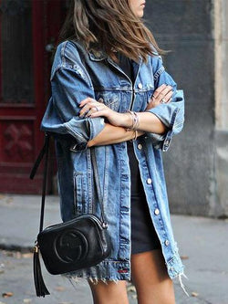 Ripped Boyfriend Long Denim Jacket