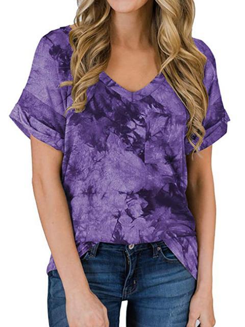 Tie-dye Print V-neck Loose Tops