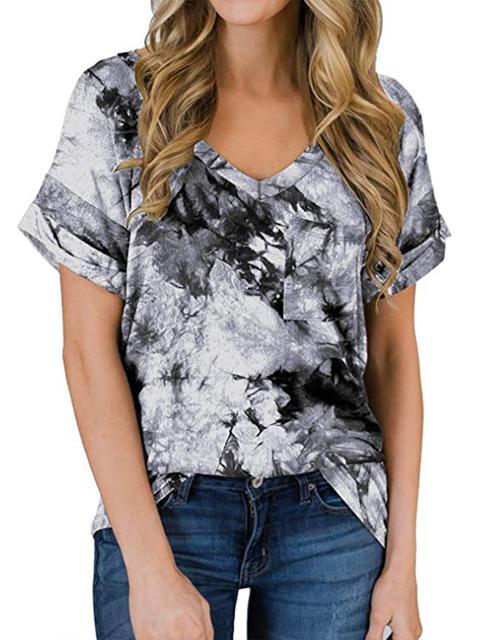 Tie-dye Print V-neck Loose Tops