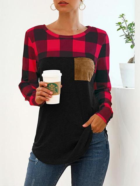 Round Neck Plaid Stitching Pocket Tops