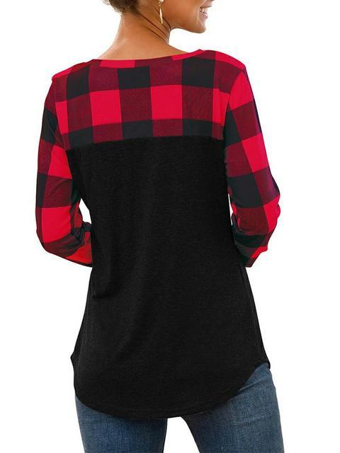 Round Neck Plaid Stitching Pocket Tops