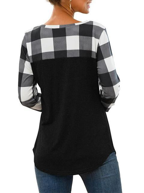 Round Neck Plaid Stitching Pocket Tops