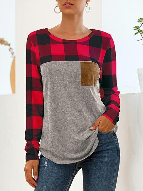 Round Neck Plaid Stitching Pocket Tops