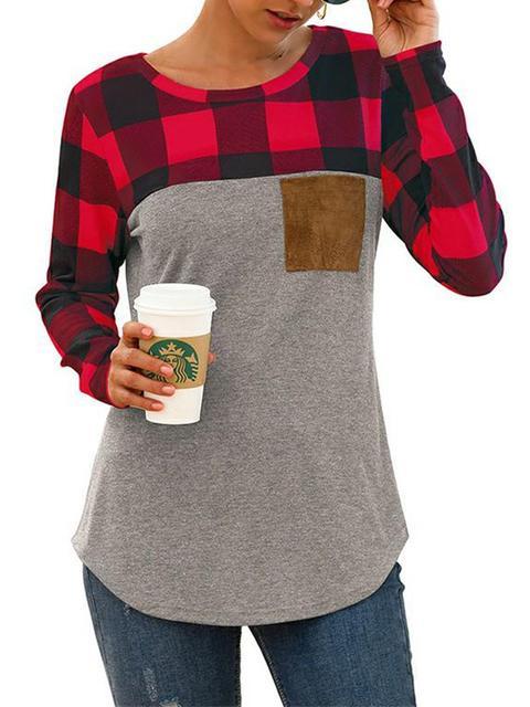 Round Neck Plaid Stitching Pocket Tops