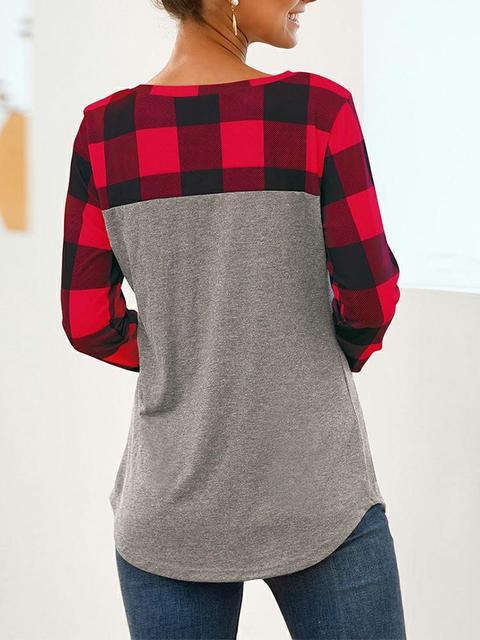 Round Neck Plaid Stitching Pocket Tops