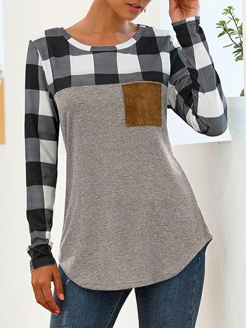 Round Neck Plaid Stitching Pocket Tops