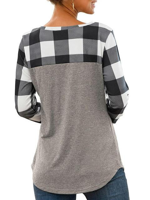 Round Neck Plaid Stitching Pocket Tops