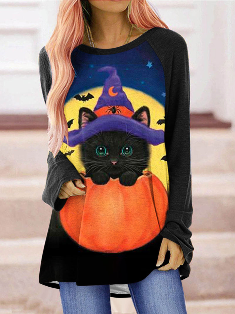 Women's T-Shirts Cat Pumpkin Print Crew Neck Long Sleeve T-Shirt