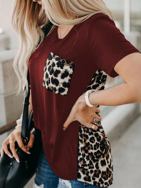 Short Sleeve Leopard Printed Splicing T-Shirt