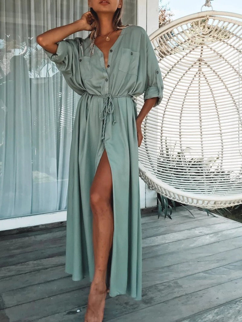 Single-breasted Belt Beach Sun Protection Shirt Long Dress