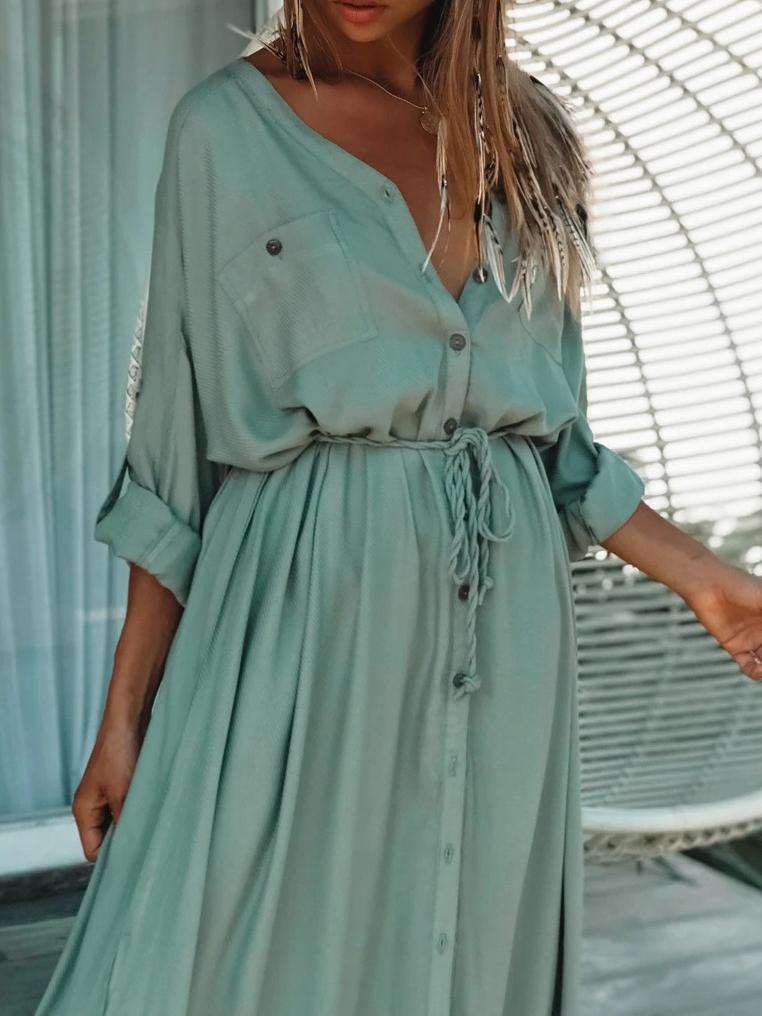 Single-breasted Belt Beach Sun Protection Shirt Long Dress