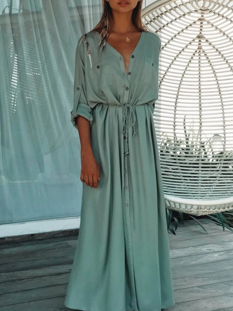 Single-breasted Belt Beach Sun Protection Shirt Long Dress