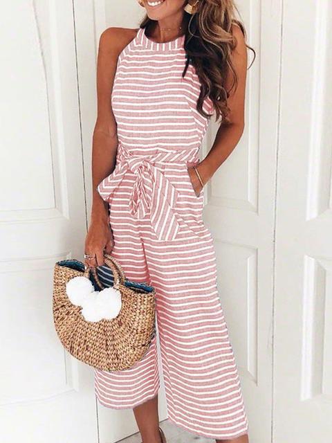 Sleeveless Striped Print Casual Jumpsuit