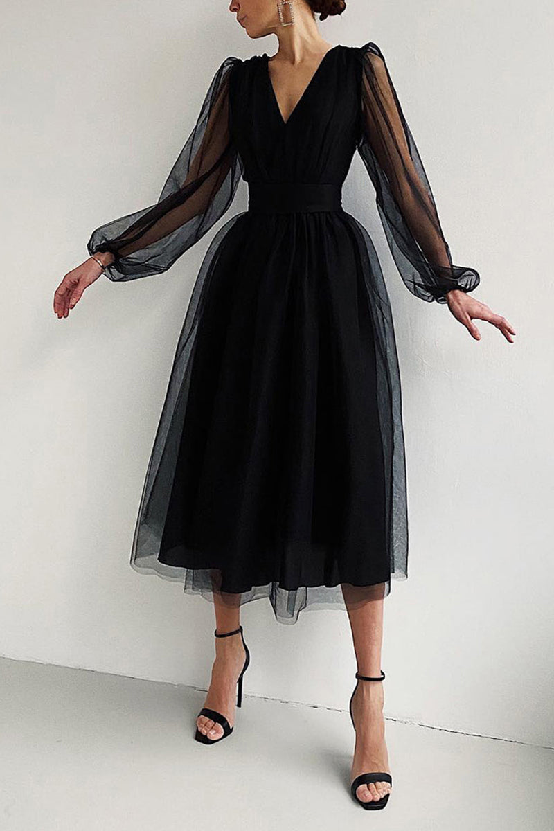 V Neck Tulle Long Sleeve Midi Dress