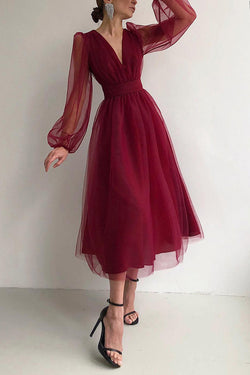 V Neck Tulle Long Sleeve Midi Dress