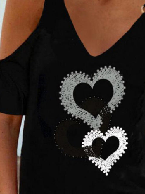 Women's T-Shirts Heart V-Neck Off-Shoulder T-Shirt