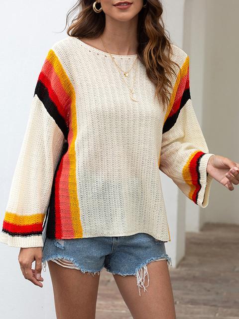 Stitched Print Loose Hollow Beach Sweater