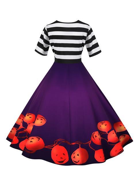 Stripes Print Pumpkin Halloween Dress