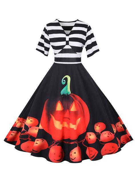 Stripes Print Pumpkin Halloween Dress