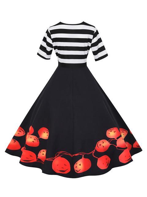 Stripes Print Pumpkin Halloween Dress