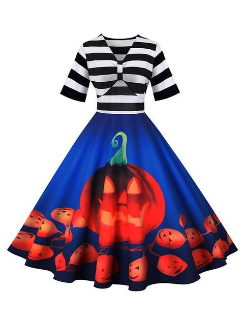 Stripes Print Pumpkin Halloween Dress