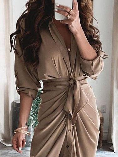 Summer V-neck Button Solid Long Dress