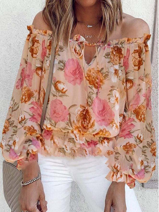 Temperament Chiffon Print Collar Loose Blouses