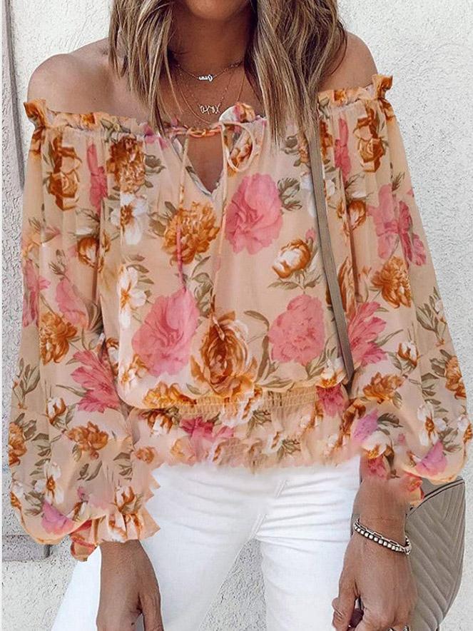 Temperament Chiffon Print Collar Loose Blouses