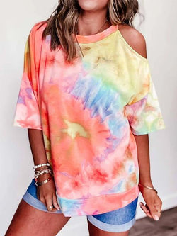 Tie-dye Print Cold Shoulder T-shirt