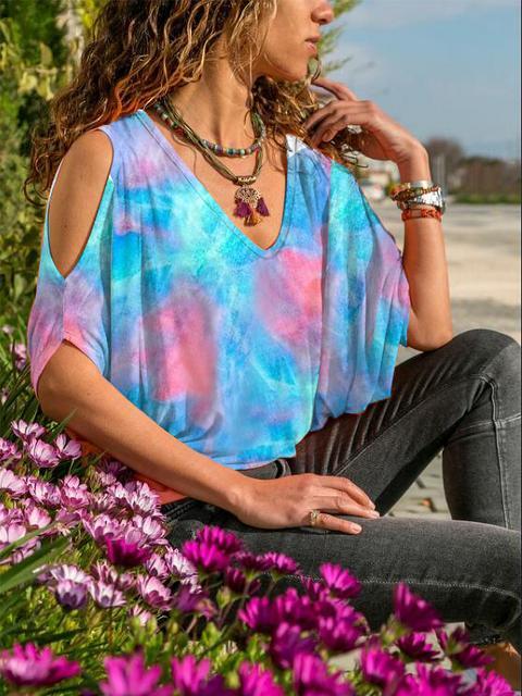 Tie-dye Print Cold Shoulder Tops