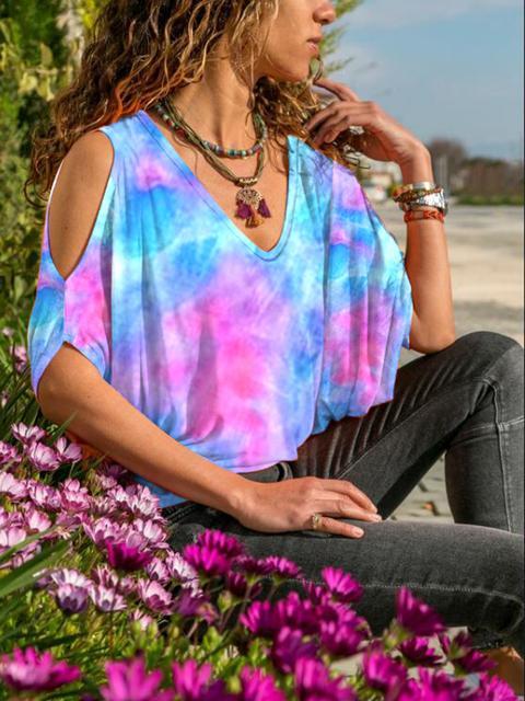 Tie-dye Print Cold Shoulder Tops