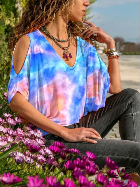 Tie-dye Print Cold Shoulder Tops