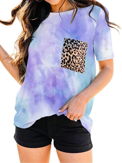 Tie-dye Print Leopard Pocket T-shirt