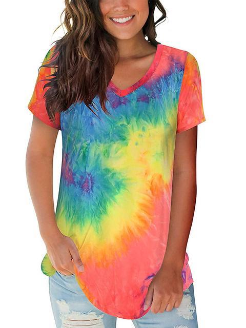 Tie-dye Print V-neck Loose T-shirt