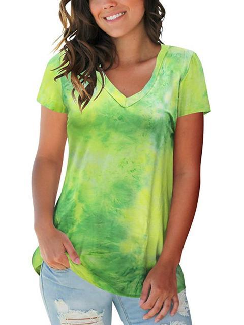 Tie-dye Print V-neck Loose T-shirt