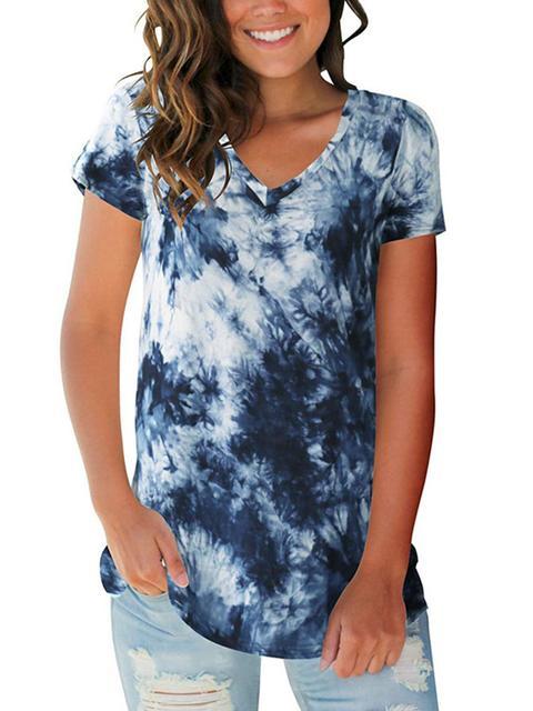 Tie-dye Print V-neck Loose T-shirt