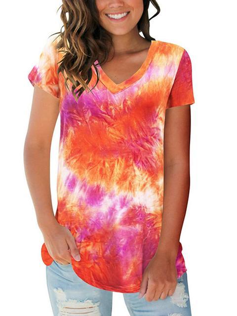 Tie-dye Print V-neck Loose T-shirt