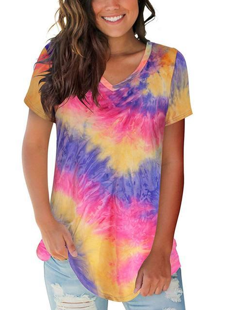 Tie-dye Print V-neck Loose T-shirt