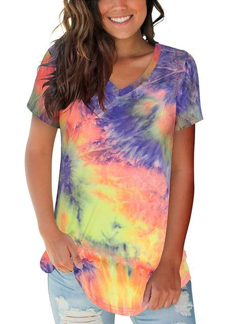 Tie-dye Print V-neck Loose T-shirt