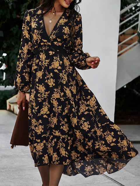 V Neck Print Waist Midi Casual Dress