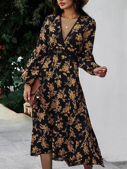 V Neck Print Waist Midi Casual Dress