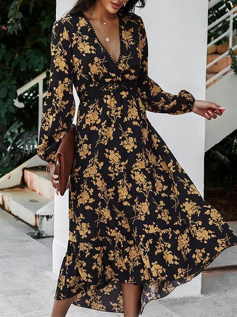 V Neck Print Waist Midi Casual Dress