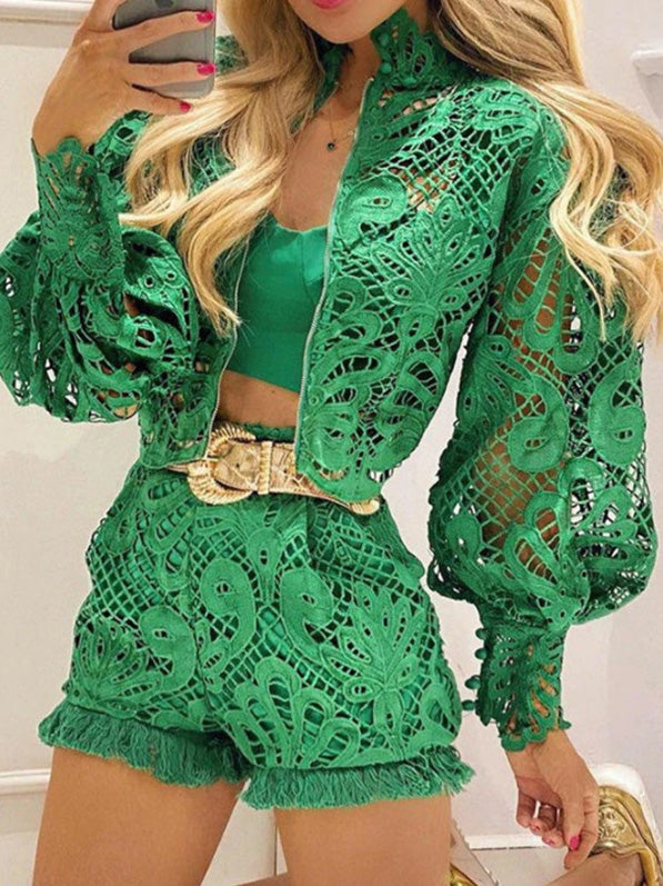 Women's Sets Lace Balloon Sleeve Jacket & Shorts Two-Piece Set