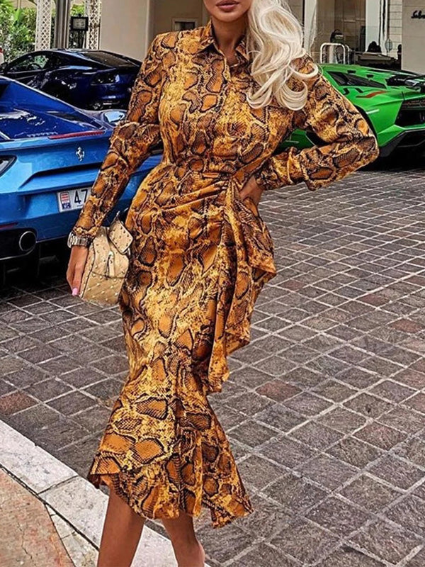 Women's Dresses Lapel Long Sleeve Fishtail Print Dress